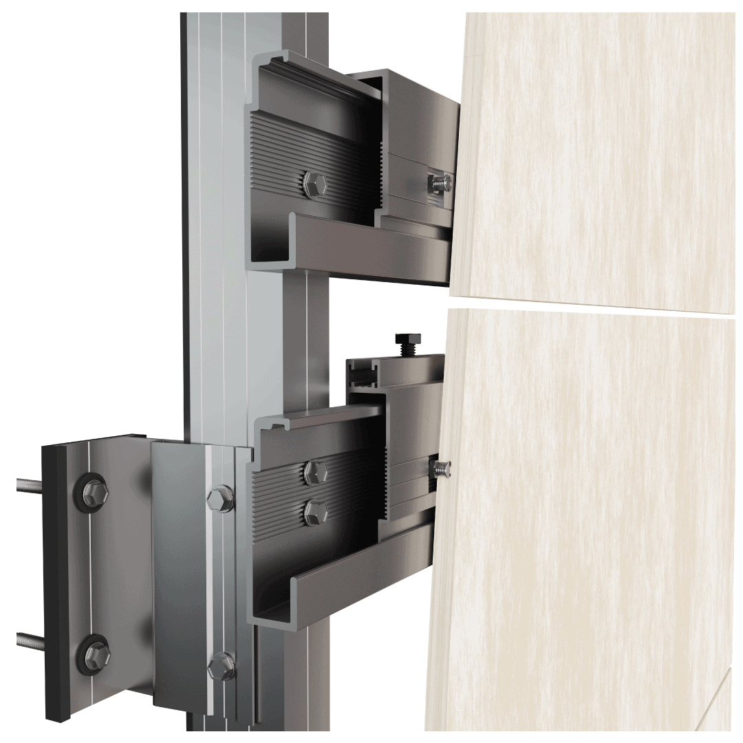 Gridworx UXF rainscreen attachment detail showing adjustable rails behind stone panels